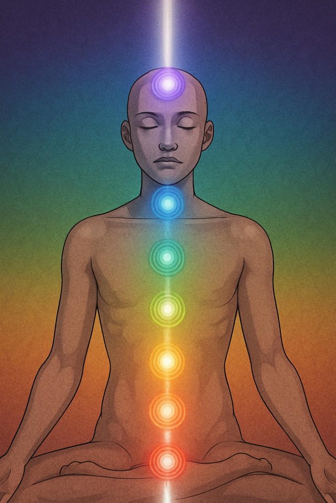 androgynous human sitting in mediation with all the chakra portals illuminated